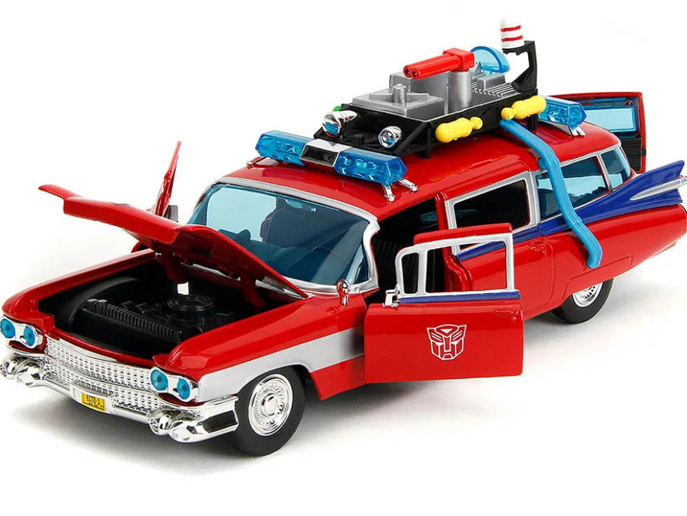1959 Cadillac Ambulance Ecto-1 Red "Transformers" TV Series - "Ghostbusters" (1984) Movie Crossover "Hollywood Rides" Series 1/24 Diecast Model Car by Jada
