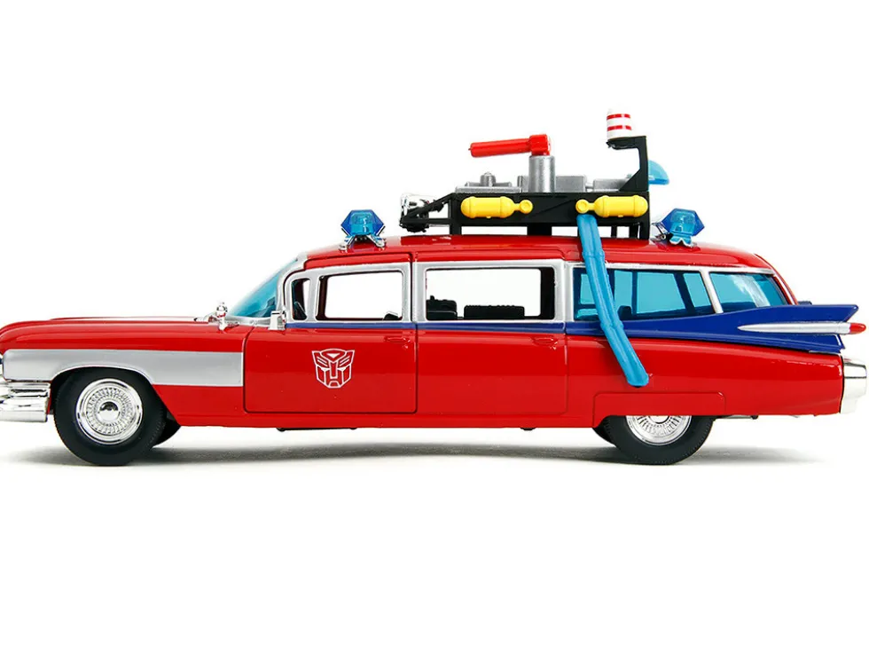 1959 Cadillac Ambulance Ecto-1 Red "Transformers" TV Series - "Ghostbusters" (1984) Movie Crossover "Hollywood Rides" Series 1/24 Diecast Model Car by Jada