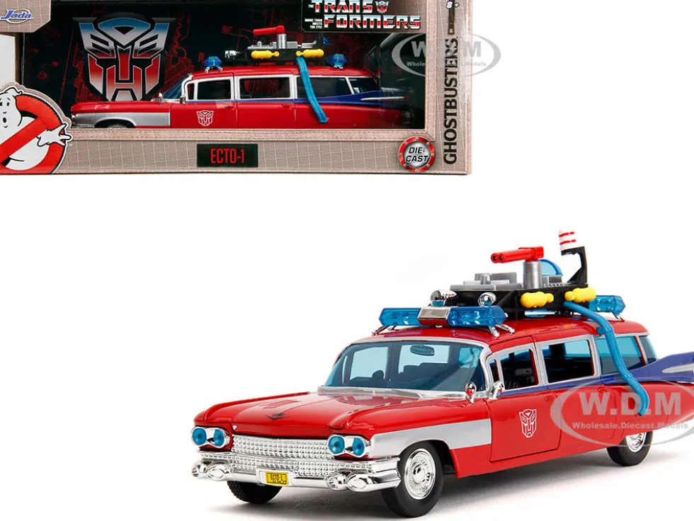 1959 Cadillac Ambulance Ecto-1 Red "Transformers" TV Series - "Ghostbusters" (1984) Movie Crossover "Hollywood Rides" Series 1/24 Diecast Model Car by Jada