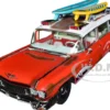 1959 Cadillac Eldorado Ambulance Red with White Top Malibu Beach Rescue Weathered with Surfboards on Roof Surf Shark 1/18 Diecast Model Car Auto World AW312
