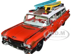 1959 Cadillac Eldorado Ambulance Red with White Top Malibu Beach Rescue Weathered with Surfboards on Roof Surf Shark 1/18 Diecast Model Car Auto World AW312
