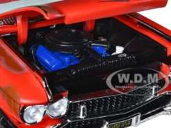 1959 Cadillac Eldorado Ambulance Red with White Top Malibu Beach Rescue Weathered with Surfboards on Roof Surf Shark 1/18 Diecast Model Car Auto World AW312