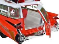 1959 Cadillac Eldorado Ambulance Red with White Top Malibu Beach Rescue Weathered with Surfboards on Roof Surf Shark 1/18 Diecast Model Car Auto World AW312