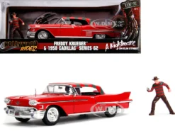 1958 Cadillac Series 62 Red Freddy Krueger Diecast Figure A Nightmare on Elm Street Movie 1/24 Diecast Model Car Jada 31102