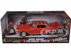 1958 Cadillac Series 62 Red Freddy Krueger Diecast Figure A Nightmare on Elm Street Movie 1/24 Diecast Model Car Jada 31102