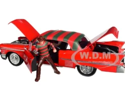 1958 Cadillac Series 62 Red Freddy Krueger Diecast Figure A Nightmare on Elm Street Movie 1/24 Diecast Model Car Jada 31102
