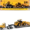 CAT Caterpillar CT681 Day Cab Tractor Yellow with Lowboy Trailer and CAT 950G Wheel Loader Yellow 1/87 (HO) Diecast Model by Diecast Masters