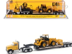 CAT Caterpillar CT681 Day Cab Tractor Yellow with Lowboy Trailer and CAT 950G Wheel Loader Yellow 1/87 (HO) Diecast Model by Diecast Masters