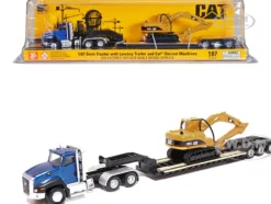 CAT Caterpillar CT660 Day Cab Tractor Blue Metallic with Lowboy Trailer and CAT 315C L Hydraulic Excavator Yellow 1/87 HO Diecast Model Diecast Masters 84415