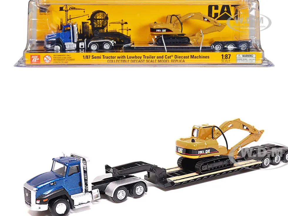 CAT Caterpillar CT660 Day Cab Tractor Blue Metallic with Lowboy Trailer and CAT 315C L Hydraulic Excavator Yellow 1/87 HO Diecast Model Diecast Masters 84415