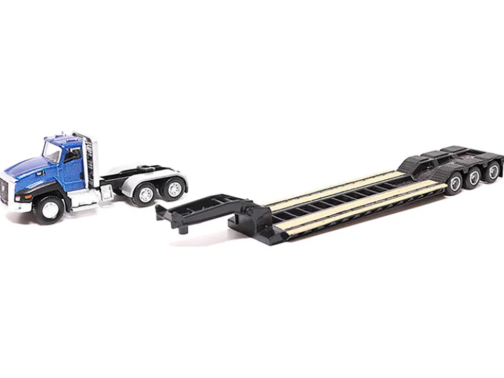 CAT Caterpillar CT660 Day Cab Tractor Blue Metallic with Lowboy Trailer and CAT 315C L Hydraulic Excavator Yellow 1/87 HO Diecast Model Diecast Masters 84415
