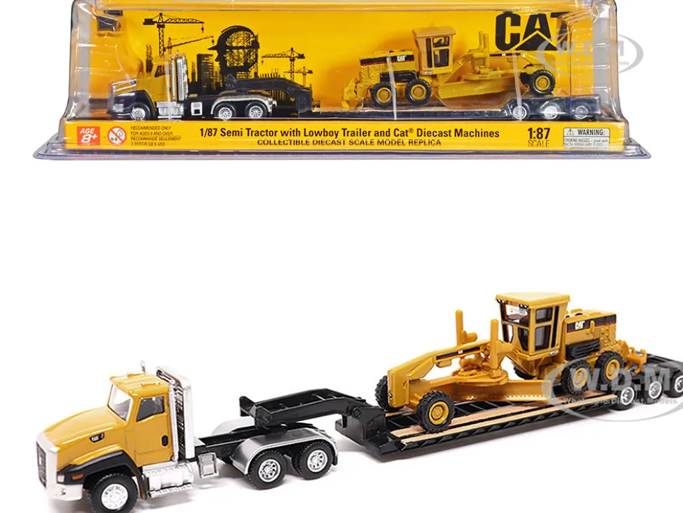 CAT Caterpillar CT660 Day Cab Tractor Yellow with Lowboy Trailer and CAT 163H Motor Grader Yellow 1/87 HO Diecast Model Diecast Masters 35179