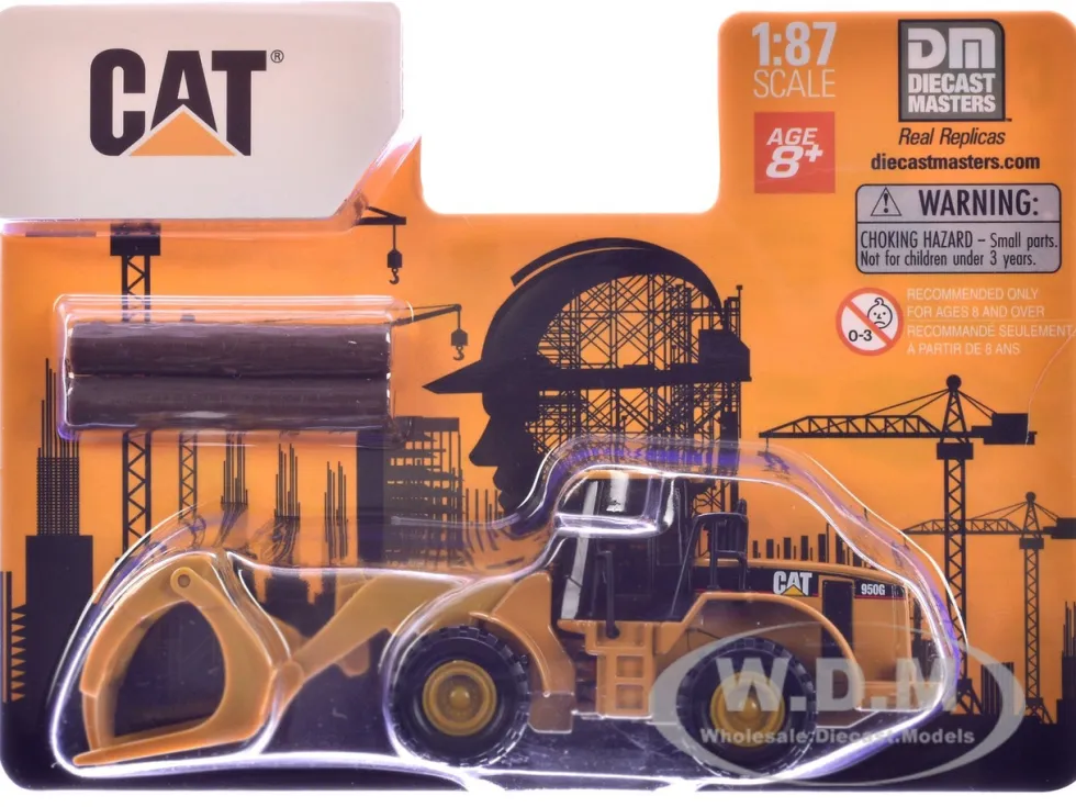 CAT Caterpillar 950G Wheel Loader Yellow with Log Fork and Wood Log Accessories 1/87 (HO) Diecast Model by Diecast Masters