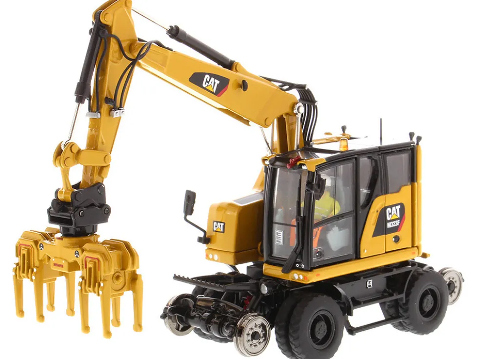 CAT Caterpillar M323F Railroad Wheeled Excavator Operator 3 Work Tools CAT Yellow Version High Line Series 1/50 Diecast Model Diecast Masters 85662