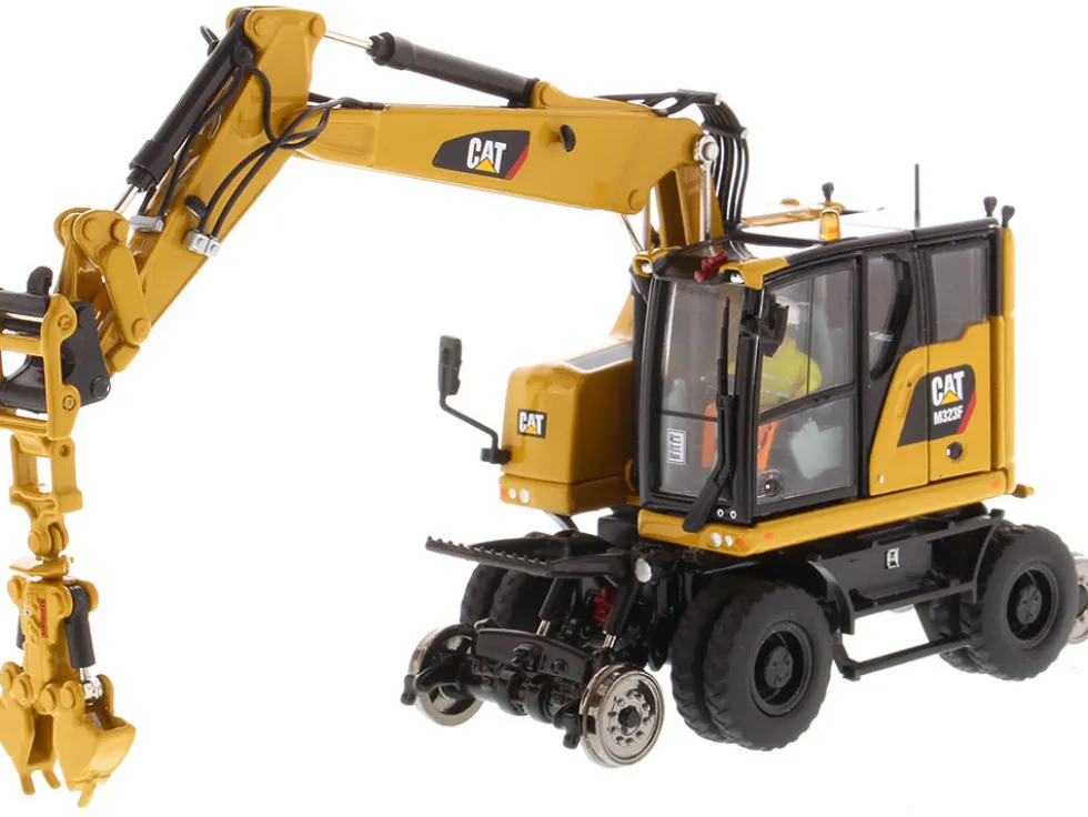 CAT Caterpillar M323F Railroad Wheeled Excavator Operator 3 Work Tools CAT Yellow Version High Line Series 1/50 Diecast Model Diecast Masters 85662