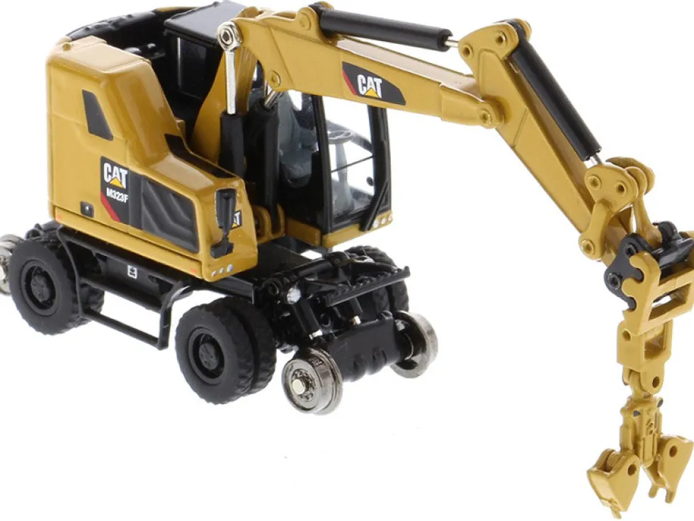 CAT Caterpillar M323F Railroad Wheeled Excavator 3 Accessories CAT Yellow Version High Line Series 1/87 HO Scale Diecast Model Diecast Masters 85656