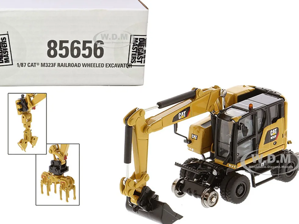 CAT Caterpillar M323F Railroad Wheeled Excavator 3 Accessories CAT Yellow Version High Line Series 1/87 HO Scale Diecast Model Diecast Masters 85656