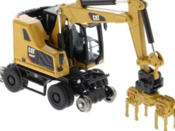 CAT Caterpillar M323F Railroad Wheeled Excavator 3 Accessories CAT Yellow Version High Line Series 1/87 HO Scale Diecast Model Diecast Masters 85656
