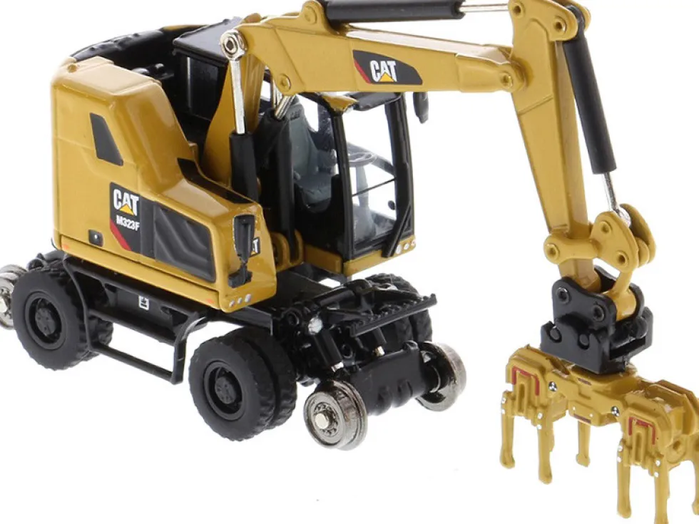 CAT Caterpillar M323F Railroad Wheeled Excavator 3 Accessories CAT Yellow Version High Line Series 1/87 HO Scale Diecast Model Diecast Masters 85656