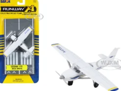 Cessna 172 Aircraft White with Blue and Yellow Stripes N470ES with Runway Section Diecast Model Airplane Runway24 RW065