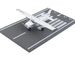 Cessna 172 Aircraft White with Blue and Yellow Stripes N470ES with Runway Section Diecast Model Airplane Runway24 RW065