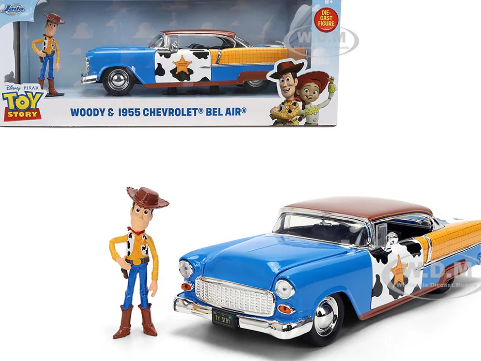 1955 Chevrolet Bel Air Blue with Graphics and Woody Diecast Figure "Toy Story" Franchise "Hollywood Rides" Series 1/24 Diecast Model Car by Jada