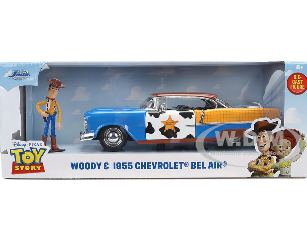 1955 Chevrolet Bel Air Blue with Graphics and Woody Diecast Figure "Toy Story" Franchise "Hollywood Rides" Series 1/24 Diecast Model Car by Jada