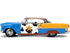 1955 Chevrolet Bel Air Blue with Graphics and Woody Diecast Figure