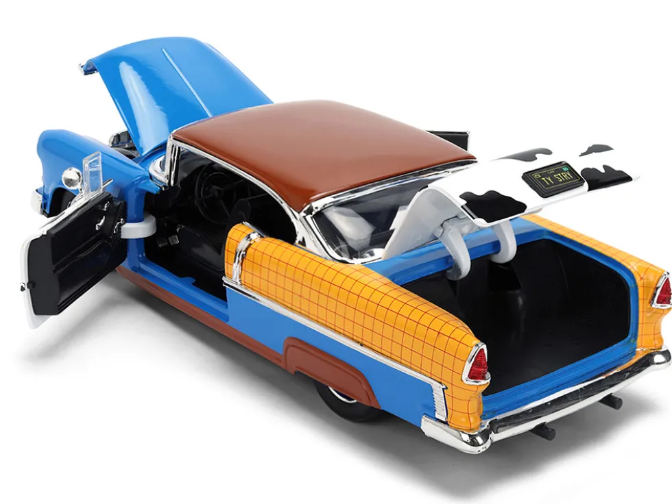 1955 Chevrolet Bel Air Blue with Graphics and Woody Diecast Figure "Toy Story" Franchise "Hollywood Rides" Series 1/24 Diecast Model Car by Jada