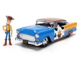 1955 Chevrolet Bel Air Blue with Graphics and Woody Diecast Figure