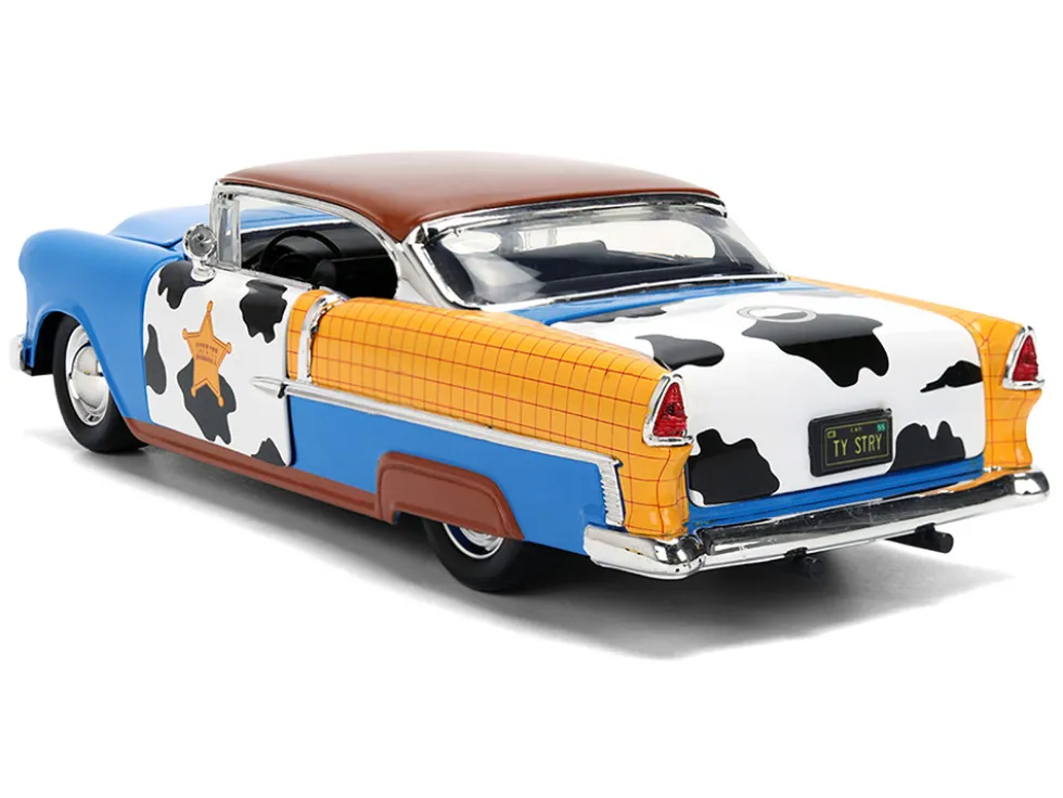 1955 Chevrolet Bel Air Blue with Graphics and Woody Diecast Figure "Toy Story" Franchise "Hollywood Rides" Series 1/24 Diecast Model Car by Jada
