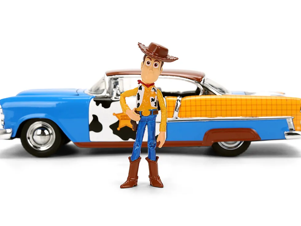 1955 Chevrolet Bel Air Blue with Graphics and Woody Diecast Figure "Toy Story" Franchise "Hollywood Rides" Series 1/24 Diecast Model Car by Jada