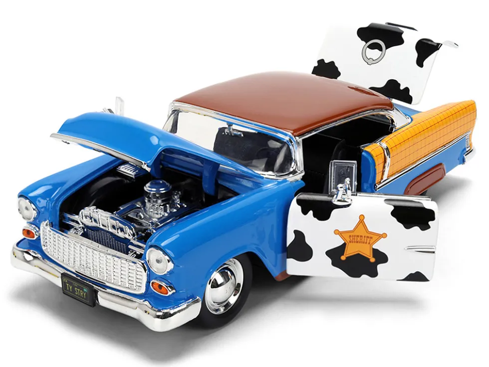 1955 Chevrolet Bel Air Blue with Graphics and Woody Diecast Figure "Toy Story" Franchise "Hollywood Rides" Series 1/24 Diecast Model Car by Jada
