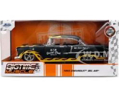 1955 Chevrolet Bel Air "BTM Social Club" Matt Black with Flames "Bigtime Muscle" Series 1/24 Diecast Model Car by Jada