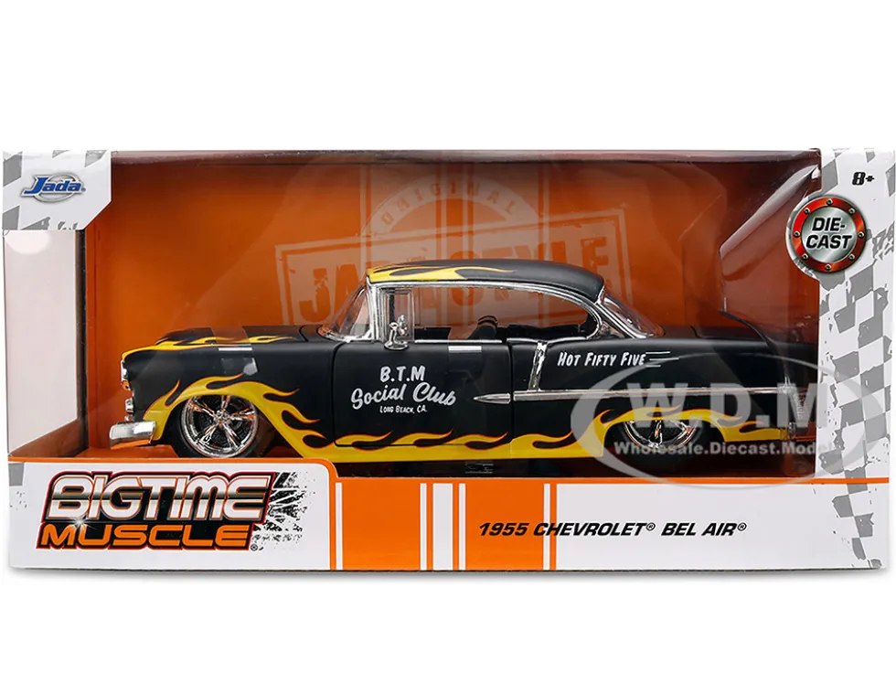 1955 Chevrolet Bel Air "BTM Social Club" Matt Black with Flames "Bigtime Muscle" Series 1/24 Diecast Model Car by Jada