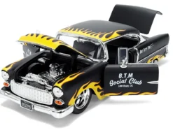 1955 Chevrolet Bel Air "BTM Social Club" Matt Black with Flames "Bigtime Muscle" Series 1/24 Diecast Model Car by Jada