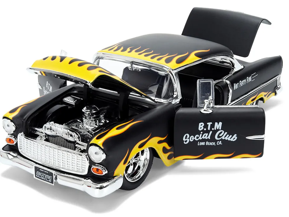 1955 Chevrolet Bel Air "BTM Social Club" Matt Black with Flames "Bigtime Muscle" Series 1/24 Diecast Model Car by Jada