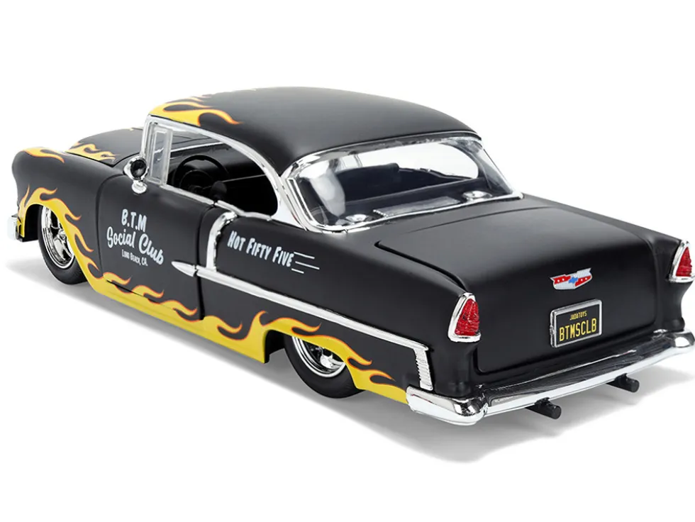 1955 Chevrolet Bel Air "BTM Social Club" Matt Black with Flames "Bigtime Muscle" Series 1/24 Diecast Model Car by Jada