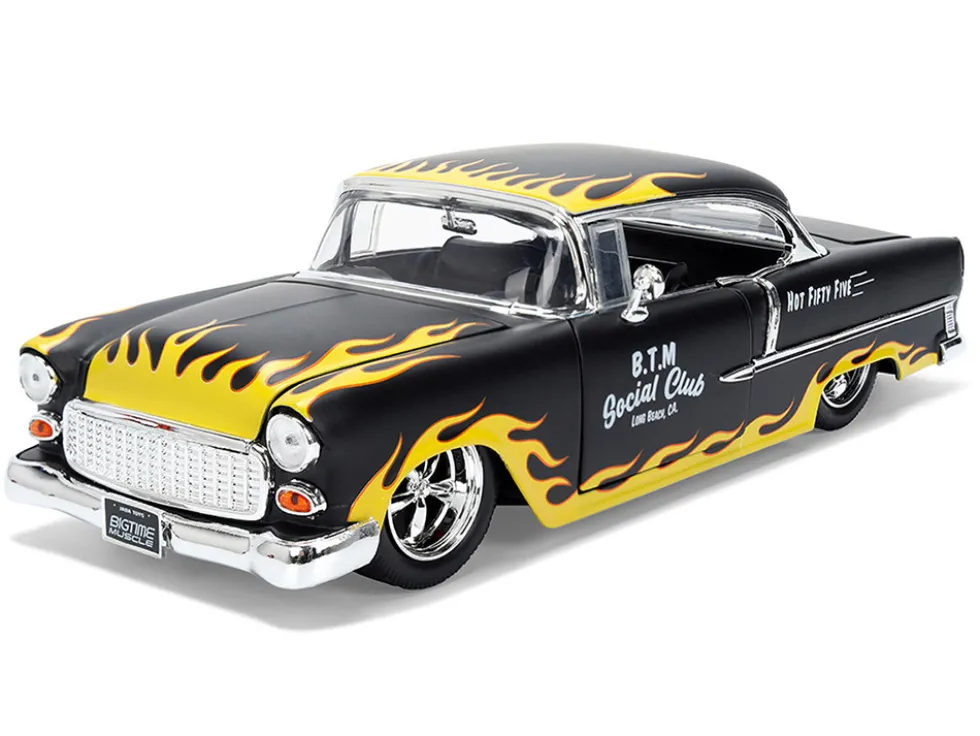 1955 Chevrolet Bel Air "BTM Social Club" Matt Black with Flames "Bigtime Muscle" Series 1/24 Diecast Model Car by Jada