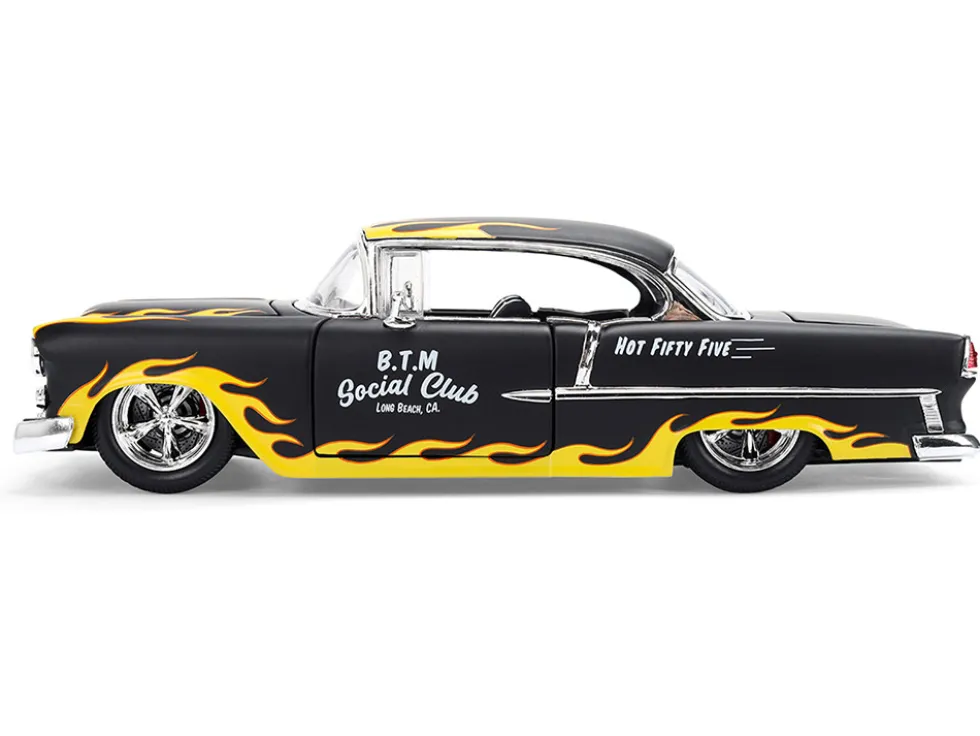 1955 Chevrolet Bel Air "BTM Social Club" Matt Black with Flames "Bigtime Muscle" Series 1/24 Diecast Model Car by Jada