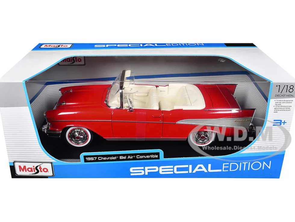 1957 Chevrolet Bel Air Convertible Red with White Interior "Special Edition" Series 1/18 Diecast Model Car by Maisto