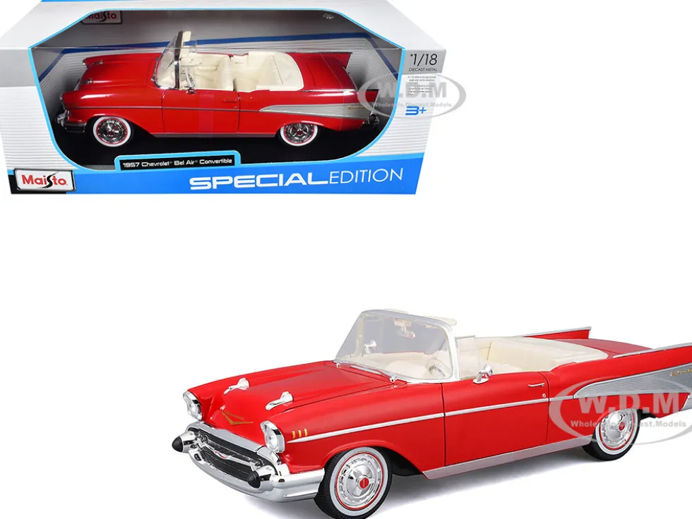 1957 Chevrolet Bel Air Convertible Red with White Interior "Special Edition" Series 1/18 Diecast Model Car by Maisto