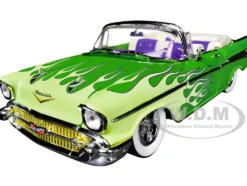 1957 Chevrolet Bel Air Convertible Green Metallic with Flame Graphics and Purple and White Interior Limited Edition to 4050 pieces Worldwide 1/24 Diecast Model Car by M2 Machines