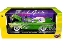 1957 Chevrolet Bel Air Convertible Green Metallic with Flame Graphics and Purple and White Interior Limited Edition to 4050 pieces Worldwide 1/24 Diecast Model Car by M2 Machines