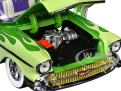 1957 Chevrolet Bel Air Convertible Green Metallic with Flame Graphics and Purple and White Interior Limited Edition to 4050 pieces Worldwide 1/24 Diecast Model Car by M2 Machines