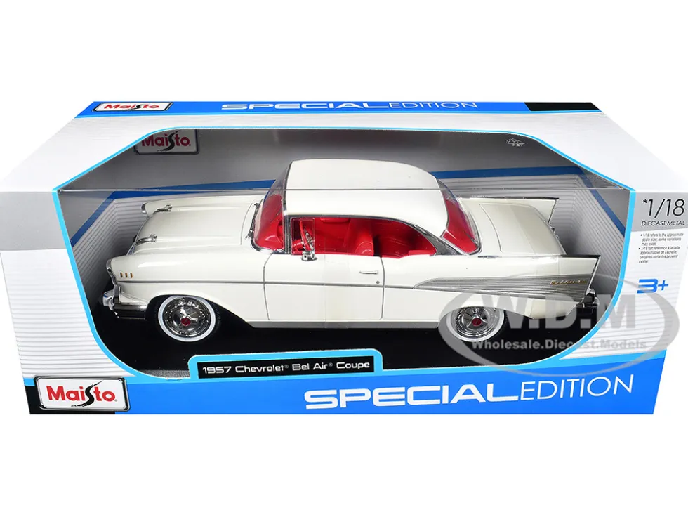 1957 Chevrolet Bel Air Coupe White with Red Interior "Special Edition" Series 1/18 Diecast Model Car by Maisto