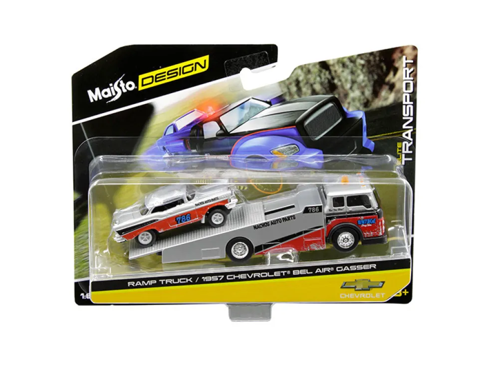 1957 Chevrolet Bel Air Gasser #786 Silver Red Ramp Tow Truck Elite Transport 1/64 Diecast Models Maisto 15055 A