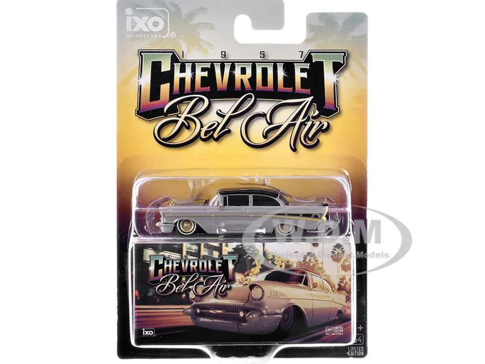 1957 Chevrolet Bel Air Lowrider Gray with Black Top and Gold Accents 1/64 Diecast Model Car by IXO Models