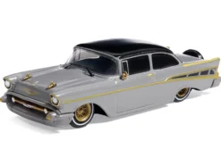 1957 Chevrolet Bel Air Lowrider Gray with Black Top and Gold Accents 1/64 Diecast Model Car by IXO Models