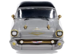 1957 Chevrolet Bel Air Lowrider Gray with Black Top and Gold Accents 1/64 Diecast Model Car by IXO Models